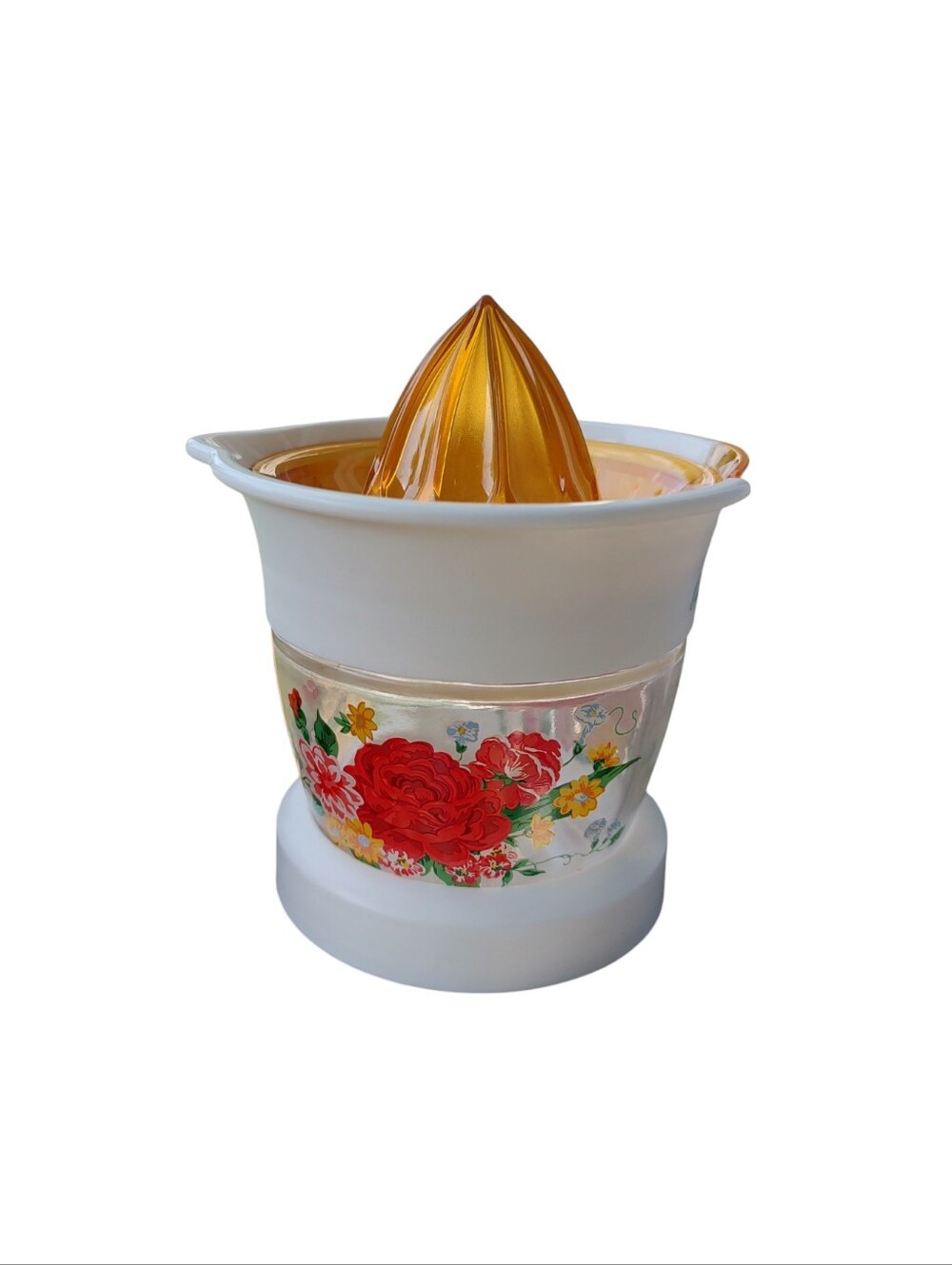 The Pioneer Woman White and Amber Floral Citrus Juicer- Sweet Rose Pattern